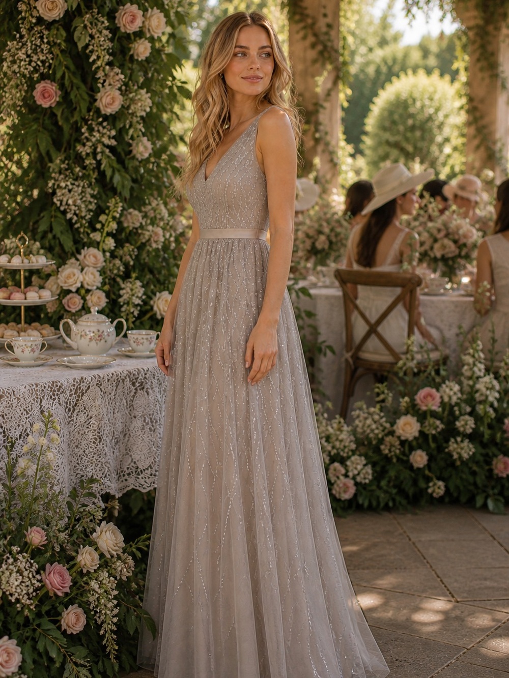 NWT Adrianna Papell Beaded V-Back Tulle Gown Maxi